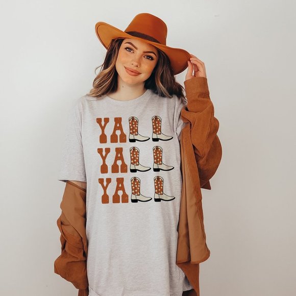 SimplyBeverly Tops - Yall Yall Yall Burnt Orange Cowboy Cowgirl Western Boot Light Grey T shirt